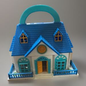 Vintage Tiny Dreams Carry Along School House Blue Box Teacher Dollhouse Playset